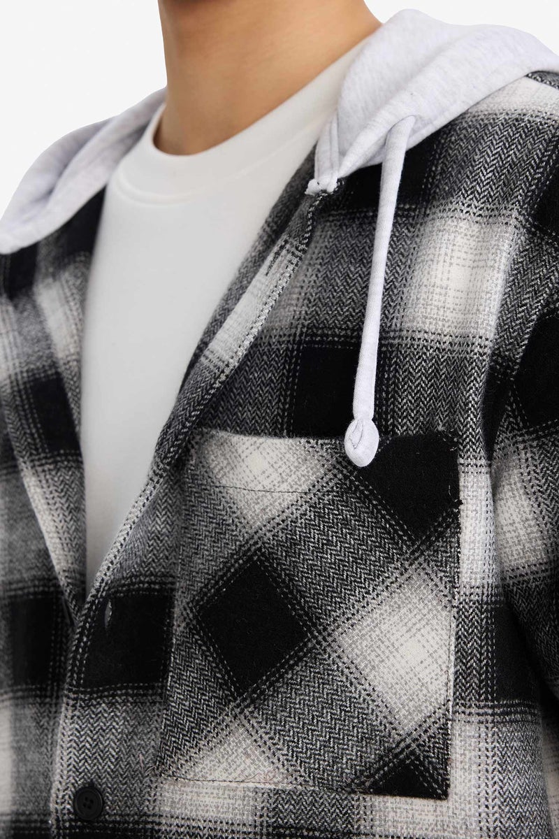 DeFacto Black Man Relax Fit Hooded Flannel Long Sleeve Shirt Casual - Image 5